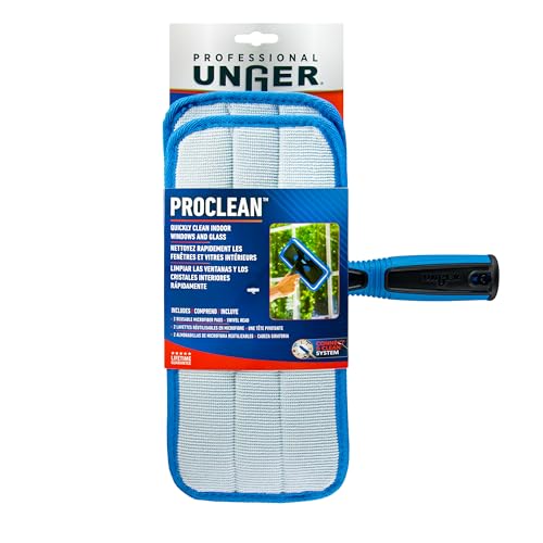 Unger ProClean Connect and Clean Indoor Window Cleaning Kit, Washing Tool with Swivel Head for Tight Corners and Edges, Streak-Free Results on Glass and Mirrors, Reusable Microfiber Pads
