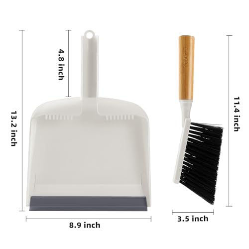 SUBEKYU Dustpan and Brush Set with Bamboo Handle, Hand Mini Broom and Dustpan Set, Small Broom and Dustpan Set for Kitchen/Desktops/Bedroom, White, 1 Set