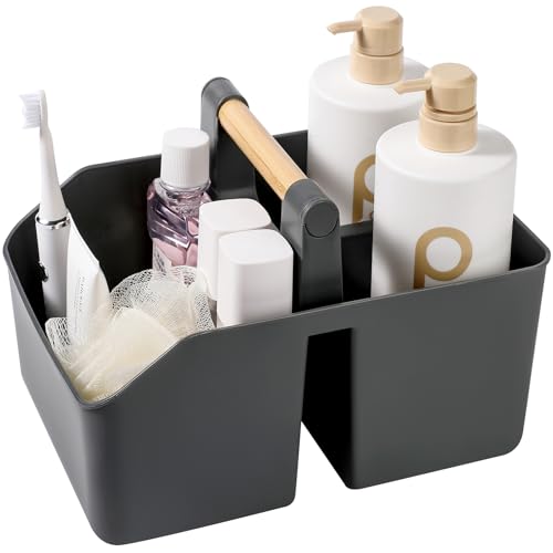 rejomiik Portable Shower Caddy Basket with Bamboo Handle, Plastic Cleaning Caddy Bathroom Organizer Tote for College Dorm Essentials, Bath Toy Storage, Dark Gray
