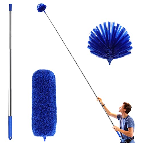 ZZ LAZYCOTTAGE Cobweb Duster with ExtensionPole, Washable Cleaning Duster Kit with 2 DusterHeads, Cobweb Duster, Corner Brush, Telescoping Pole for Ceiling Fan (Blue)