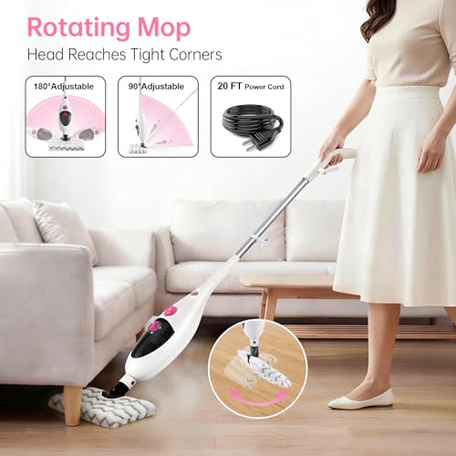 12-in-1 Steam Mop Cleaner, 15-Sec Fast Heat-Up, 1200W Floor Steamer with Double-Sided Pads, Removes 99.99% Stubborn Stains for Hardwood Floors, Marble, Clothes, Windows, Tiles, White