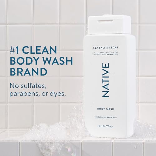 Native Sea Salt & Cedar Scent 24-Hr Refreshing Clean Body Wash for Men & Women, for All Skin Types Incl. Sensitive, Leaves Skin Feeling Clean & Soft, Free of Phthalates, Sulfates & Parabens, 18 oz