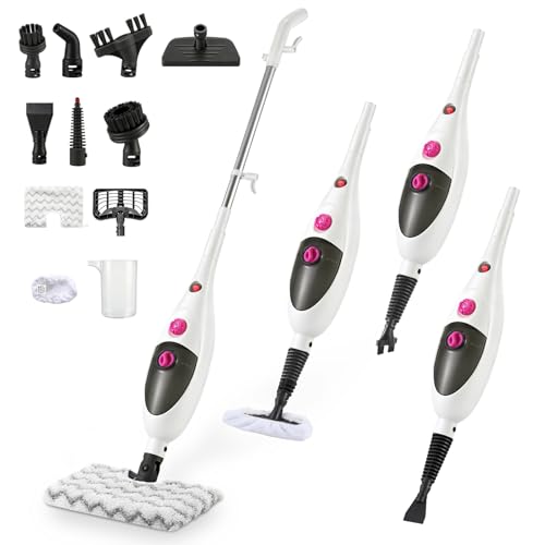 12-in-1 Steam Mop Cleaner, 15-Sec Fast Heat-Up, 1200W Floor Steamer with Double-Sided Pads, Removes 99.99% Stubborn Stains for Hardwood Floors, Marble, Clothes, Windows, Tiles, White