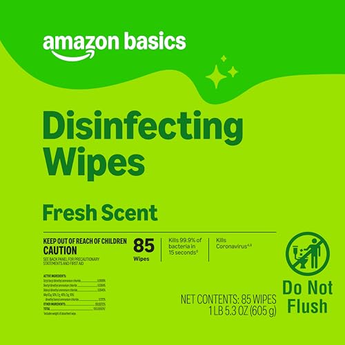 Amazon Basics Disinfecting Wipes, Fresh Scent, Sanitizes/Cleans/Disinfects/Deodorizes, 85 Count, for Hard Nonporous Surfaces