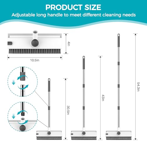 SetSail Floor Scrub Brush, 3 in 1 Floor Scrub Brush with 54-in Adjustable Long Handle and Scraper Heavy Duty Stiff Bristle Floor Scrubber for Cleaning Shower Bathroom Kitchen Patio Garage, Grey&White