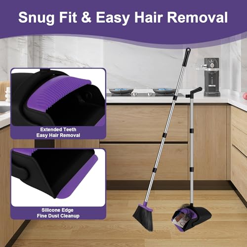 UDUK Broom with Dustpan Combo Set and Silicone Air Broom Kit, 51" Long Handle Floor Squeegee, Purple Household Kit for Glass Window Rugs Pet Hair Home