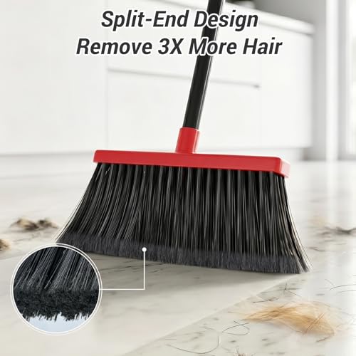 Zeawec Broom with Dustpan Combo Set, Long Handle Upright Standing Self-Cleaning Broom and Dustpan Set for Pet Hair & Dust Cleanup, Indoor Outdoor Use for Home, Kitchen, Office, Red & Gray