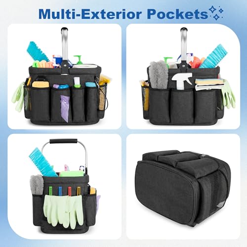 PGmoon Cleaning Caddy Organizer with Handle, Cleaning Tote Bag with Multiple Pockets for Cleaning Supplies, Products Storage, Housekeepers, Kitchen Cleaning Supplies, Black
