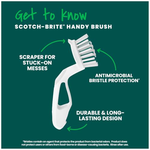 Scotch-Brite Handy Brush, Small and Durable Dish Brush with Handle for Scrubbing Hard-to-Reach Cookware, Tubs, Sinks, Car Tires, and More without Scratching, Antimicrobial, and Rinses Clean