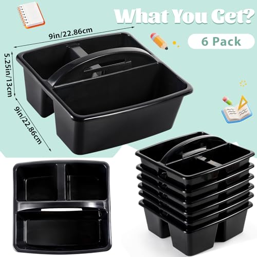 6 Pack Classroom Caddy with Handle Plastic Storage Caddy Organizer with 3 Compartments Desk Caddies Holder Portable Storage Bin for Pencil, Crayon, Marker, Home, Office, School Supplies(Black)