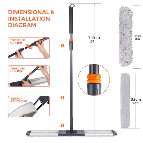 Flat Mop for Cleaning Floors Heavy Duty Microfiber Wet Mop Deep Cleaning for Hardwood, Tile & Laminate, Includes 4 Reusable Washable Pads and Adjustable Long Handle (36 in Mop Set)