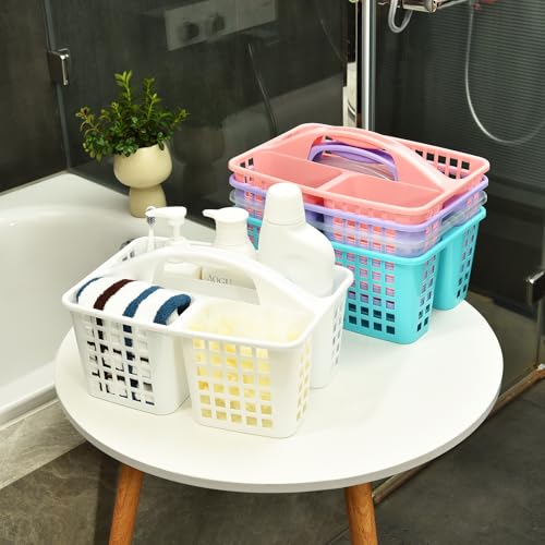 ALINK Plastic Shower Caddy Basket with Compartments, Portable Divided Cleaning Supply Storage Organizer with Handle for College Dorm Bathroom - White