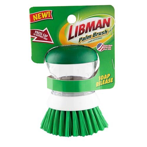 Libman Palm Brush with Soap Dispenser – Dish Brush for Pots, Pans & Kitchen Sink Cleaning – Ergonomic Grip, Non-Leaking Button, Durable Angled Bristles – Recycled PET Fibers – 4” x 3.25”