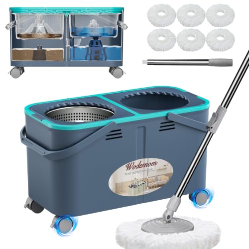 2026 Upgraded Gen 2 Spin Mop and Bucket Set with 4 Swivel Wheels for Easy Rolling, Separates Clean & Dirty Water, Floor Mop with 6 Washable Mop Heads for Wood, Tile, Vinyl, Baseboards - Grey/Blue
