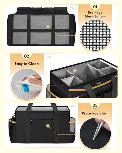 Ytonet Cleaning Caddy Bag with Detachable Apron, Extra Large Cleaning Supplies Organizer with Foldable Dividers, Portable Cleaner Tote with Handle, Cleaner Caddy for Housekeeper, Detailing Bag, Black