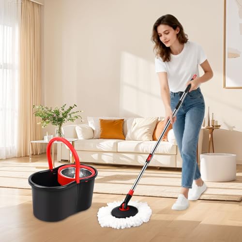 Spin Mop and Bucket, Mop and Bucket with Wringer Set for Home, 360 Spinning Mop Bucket Floor Cleaning Tool with One Microfiber Mop Replacement Head Refills,50" Extended Handle for Floor Cleaning Home