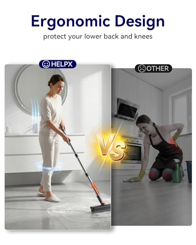HelpX Small Floor Scrub Brush with Length Adjustable Long Handle, 3 in 1 Heavy-Duty Stiff Bristle Scrubber Brush with Squeegee and Tweezer Push Broom for Cleaning Bathroom, Patio, Garage and Kitchen
