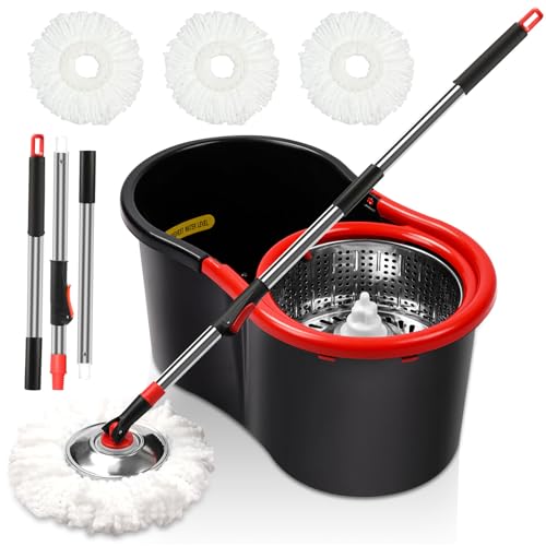 Spin Mop and Bucket with Wringer Set, 360° Spinning Mop Bucket System with 3 Microfiber Mop Replacement Heads and 51" Stainless Steel Adjustable Handle for Floor Cleaning (15QT)