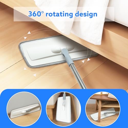 wlich Microfiber Mop for Cleaning Floors,55 Inch Extendable Flat Mop with 4 Reusable Washable Pads, 1 hook, 1 wall piece, and 1 scraper, Wet Dry and Dust Mops for Bathroom Kitchen, Floor,Ceramic Tiles