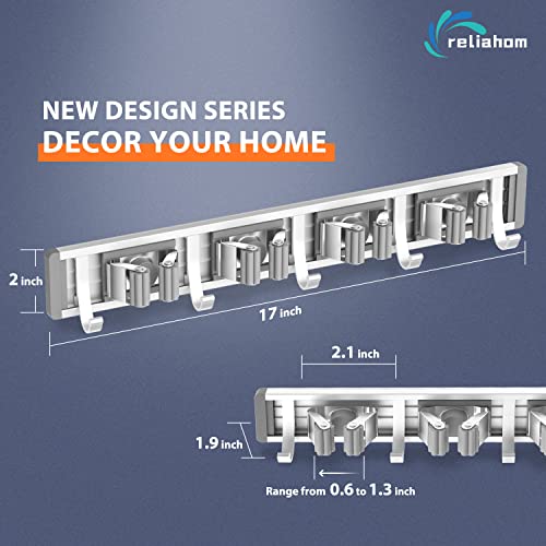 reliahom Adjustable Broom Holder Wall Mount, Mop Storage Tool Racks, Broom Hanger Tool Organizer for Garage, Kitchen, Garden, Laundry Room, 4 Racks 5 Hooks Silver