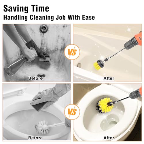 ETOUPA 8 Pcs Drill Brush Attachment Set, Power Cleaning Scrub Brush Kit with Extend Long Attachment, All Purpose Drill Scrub Brushes for Car, Grout, Floor, Tub, Bathroom and Kitchen (Yellow)
