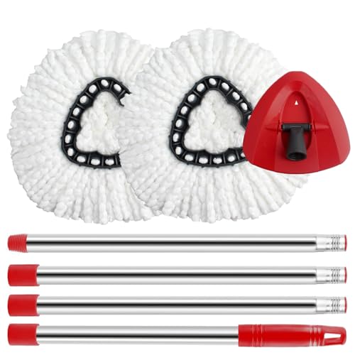 ANREKEYH Spin Mop Replace Head, Base, Handle Compatible with O Cedar EasyWring Microfiber Spin Mop, 2 Mop Refills Replacement Heads, 30-58in Mop Handle and 1 Mop Base Combo Set (White (1-Tank System))