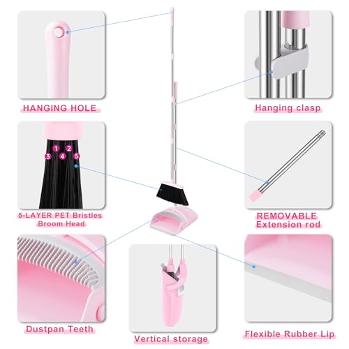 BSKLIN Broom and Dustpan Set for Home, 52” Long Handle Broom with Dustpan Combo Set with Dust Pan Teeth to Clean Hair Sweeping Set for Kitchen Hardwood Floors Pet Hair (Pink)