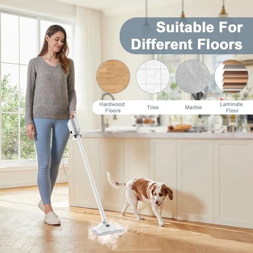 6-in-1 Steam Mop, 1200W Rotated Steam Cleaner for Home, 2 Modes, 400ML Removable Tank, 23FT Power Cord, 2 Pads, Multi-Surface Steamer for Hard Floor, Laminate Floor, Tiles Cleaning (Lily White）