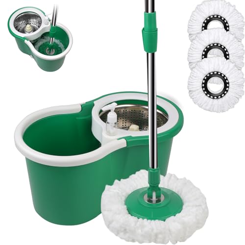 Spin Mop and Bucket with Wringer Set, 360° Spinning Mop Bucket System with 3 Microfiber Mop Replacement Heads, Adjustable Handle for Floor Cleaning (Green)