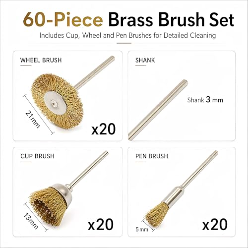 PHYHOO Brass Wire Brushes Cup Wheels Polish Cleaning Brush Kit Polishing Attachment Die Grinder Rotary Tools Accessories 3 MM Mandrel 60 Pieces