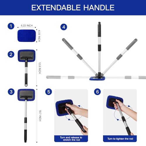 Qydipclin 11pcs Windshield Cleaner Tool, Car Window Cleaning Wash Kit with 6 Reusable Microfiber Pads 2 Spray Bottles and Extendable Handles Auto Glass Wiper Kit, Blue