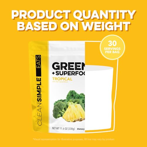Clean Simple Eats Super Greens Powder, Naturally Flavored Greens Powder with Chlorella, Spirulina, Superfoods & Prebiotic Fiber, No Artificial Ingredients, Gluten Free, Tropical Greens Flavor, 30 Srvg