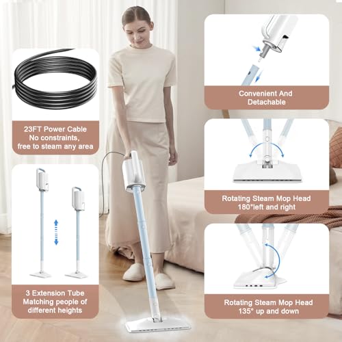 Steam Cleaner, 6 in1 Rotated Steam Mop Cleaner with 2 Modes, 2 Microfiber Pads, 400ML Removable Tank, 23FT Power Cable, Detachable Steam Mops for Floor, Laminate Floor, Tiles Cleaning (Ice Blue)