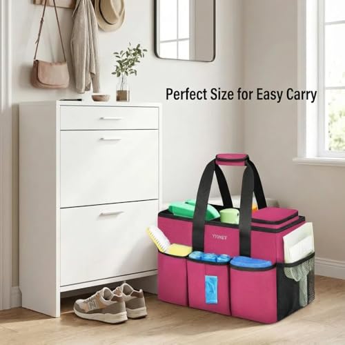 Ytonet Cleaning Caddy Bag, Large Cleaning Supplies Organizer with Handle & Foldable Divider for Cleaners, Water Resistant Housekeeping Supplies for Kitchen, Car Tool Caddy Organizer Bag, Rosered
