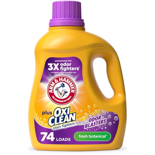 ARM & HAMMER Plus OxiClean with Odor Blasters Liquid Laundry Detergent, Laundry Odor Remover, Attacks Stains, Fresh Botanical Scent, 74 Loads, 96.2 Fl Oz