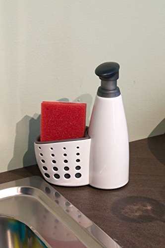 Casabella Sink Sider Kitchen Soap Pump and Sponge Caddy, White/Gray