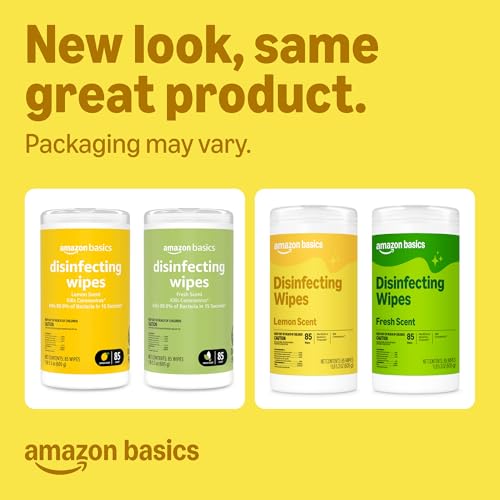 Amazon Basics Disinfecting Wipes, Lemon & Fresh Scent, Sanitizes, Cleans, Disinfects, Deodorizes, 340 Count (4 Packs of 85), Packaging May Vary