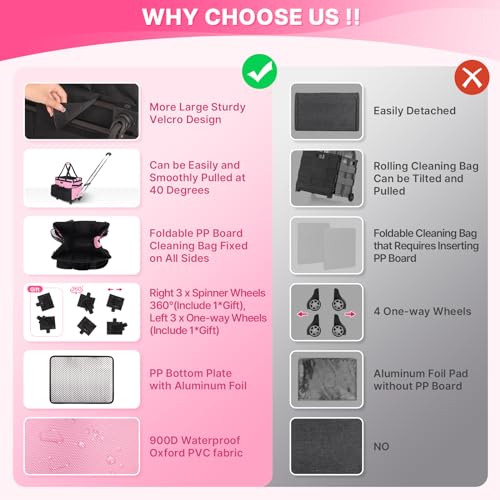 JKAOO Large Rolling Cleaning Caddy Bag with Detachable Trolley, Waterproof Cleaning Caddy on Wheels for Housekeepers, Cleaning Cart Supplies Organizer for Home,Car,Office,Picnic (Pink) (Patented)