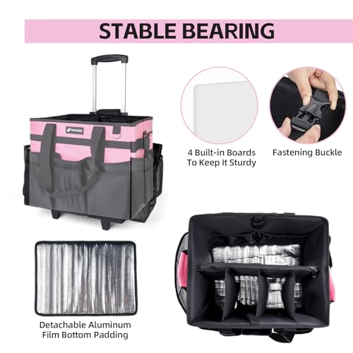 VSHXENG Large Rolling Cleaning Caddy Bag with Wheels, with Detachable Trolley, Cleaning Bags on Wheels for Housekeepers, Cleaning Cart Supplies Organizer for Home, Car, Picnic (Pink)