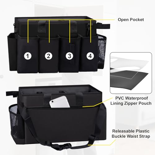 Wigojoy Wearable Large Cleaning Caddy Bag for Housekeeper, Clean Supply Organizer with Adjustable Shoulder, Waist & Handle Straps, Detailing Bag for Kitchen Supplies (Black)