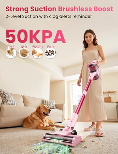 Dzaki Cordless Stick Vacuum Cleaner, 50KPa Brushless Motor Vacuum with Anti-Tangle, LED Display, 55-Min Runtime & Detachable Battery for Pet Hair, Carpet & Hardwood Floors (Cranberry)