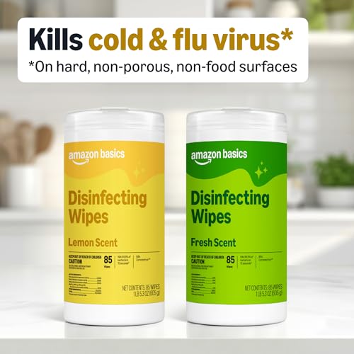 Amazon Basics Disinfecting Wipes, Lemon & Fresh Scent, Sanitizes, Cleans, Disinfects, Deodorizes, 340 Count (4 Packs of 85), Packaging May Vary
