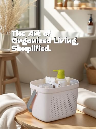 LivLab Mker Portable Shower Caddy, Cleaning Supply Organizer with Handle, College Dorm Room Essentials, Camping Tote Basket - Bathroom Storage Organizer, White Grey
