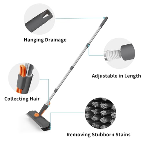 Floor Scrub Brush with Long Handle, 3 in 1 Scrape and Heavy-Duty Stiff Bristle Scrubber Brush for Cleaning Shower Bathroom, Patio, Pool, Garage, Kitchen, Wall and Deck (Gray, 1 Pack)