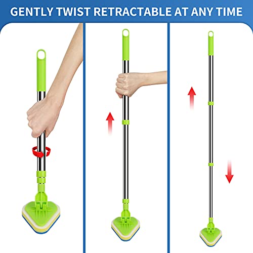 JDNOZW 2 in 1 Scrub Cleaning Brush with 37” Long Extendable Handle,1 Stiff Bristle and 3 Sponge Brushes, Lightweigh Detachable Shower Scrubber for Cleaning Bathroom Shower Bathtub Glass Tile Floor