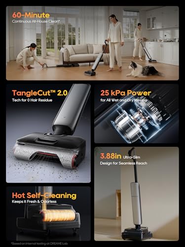 DREAME Aero Pro Wet Dry Vacuum Mop, Ultra-Slim with Hot Self-Cleaning/Self-Drying, 0 Hair Tangle Great for Pet Owner, Powerful Wet Dry Vacuum with 60min Runtime, Pick-up & Mop at The Same Time