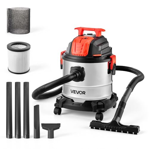 VEVOR Shop Vac, 5.8 Gallon Wet Dry Shop Vacuum, 4 Peak HP with One-Button Self-Cleaning, Dual-Filter, 900W Input Power, 1.25in x 7ft Hose, 9.8ft Cord, Metal Tank for Jobsite, Workshop, Garage, Home