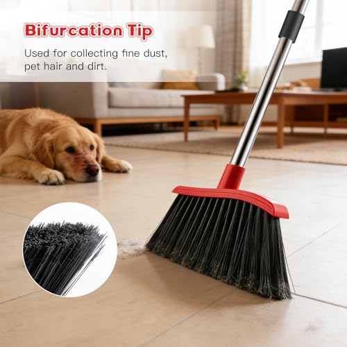 EZKEY Broom and Step-on Dustpan Set, 59-in Adjustable Long Handle Broom with Dustpan Combo Set Outdoor Angle Broom for Sweeping Indoor Dust Pet Hair for Cleaning Kitchen Garage Deck Patio, Black&Red