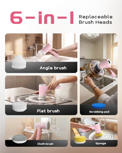 PUFTEM Shower Scrubber, Electric Spin Scrubber for Bathroom Cleaning – Cordless Shower Cleaner Brush with 6 Brush Heads, Dual-Direction Rotation, for Grout, Tile, Tub, Sink & Corners, Pink