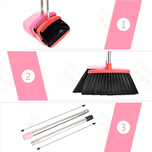 XXFLOWER Broom and Dustpan Set, Dustpans with Broom Combo for Home, Heavy Dust Broom and Dustpan Combo, Long Handle Dust Pan and Broom Set for Kitchen, Office, Pet Hair,Pink, Pack of 1